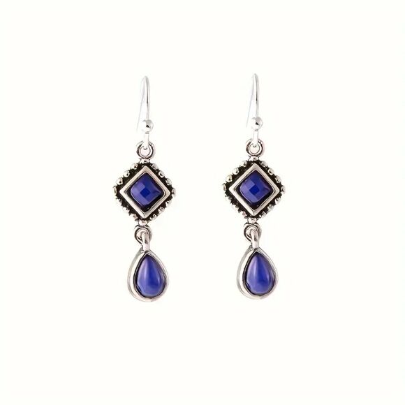 Silver Plated Blue Lapis Lazuli Long Dangle Earrings Teardrop & Diamond Drop New - Picture 4 of 7